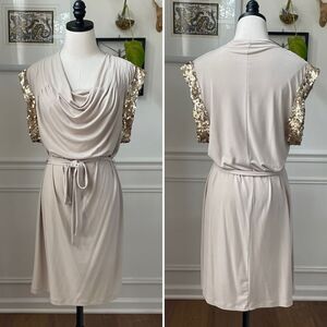 Calvin Klein Beige Cowl Neck Dress Champaign Sequin 12